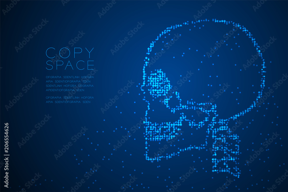 Abstract Geometric Circle dot pixel pattern Skull side view shape, medical science concept design blue color illustration isolated on blue gradient background with copy space, vector eps 10
