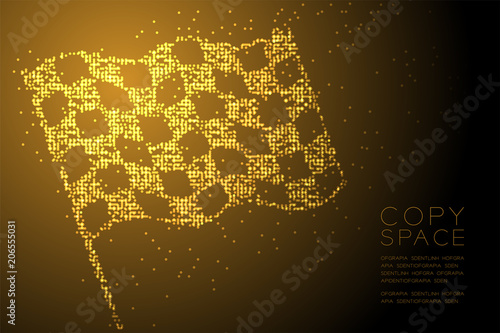 Abstract Geometric Circle dot pixel pattern Checkered flag shape, business success concept design gold color illustration isolated on brown gradient background with copy space, vector eps 10