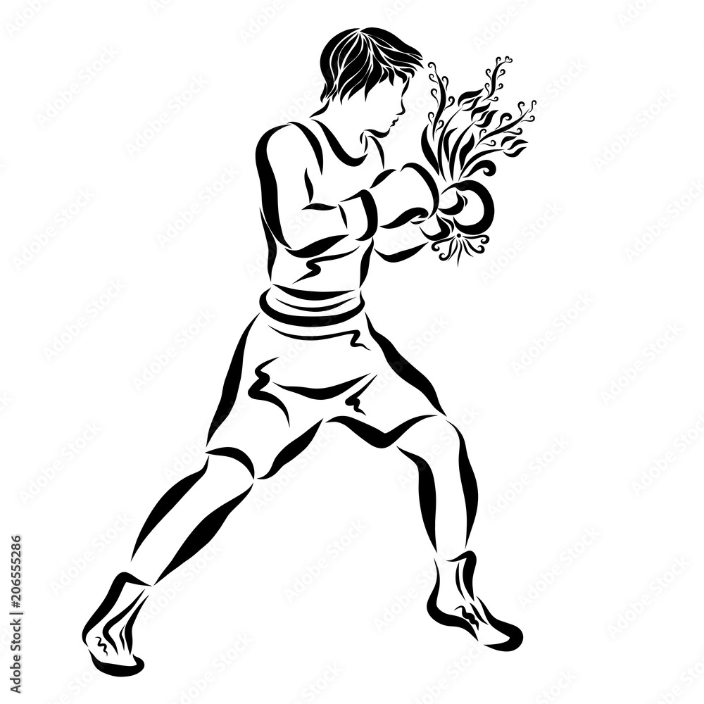Fototapeta premium Young boxer with a bouquet of flowers