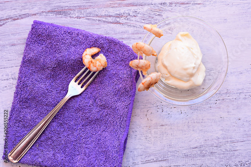 Quadro su tela Shot-Glass Shrimp with tartar sauce - easy cocktail recipe for festive party, on