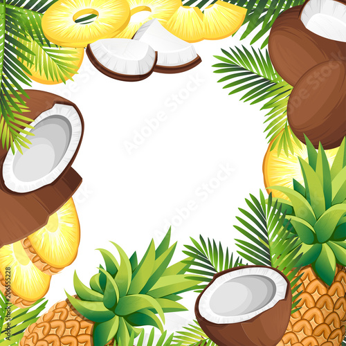 Coconut and pineapple illustration. Pieces coconuts and pineapples with green leaves. Organic food ingredient, natural tropical product. Vector illustration on white background