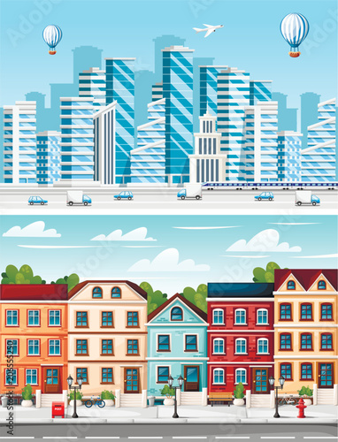 Group of skyscrapers. Residential district. Business building collection. City design elements. Vector illustration on sky background. Web site page and mobile app design