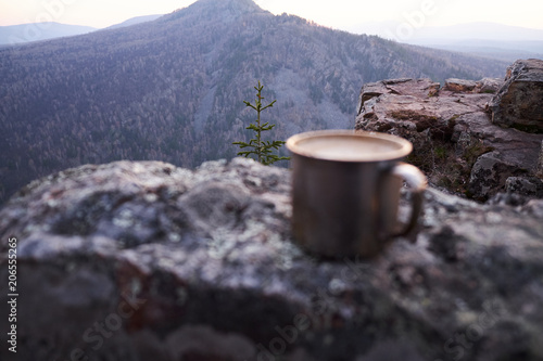 coffee in a metal mug in nature