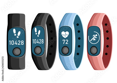 Vector illustration of sport accessories. Collection of smart band. Flat cartoon wristband with running activity steps counter and heartbeat pulse meter. Sport bracelet with button