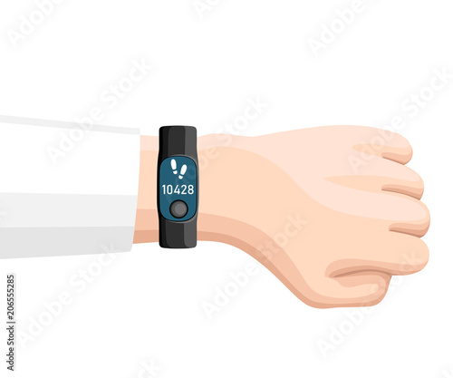 Vector illustration of sport accessories. Smart band on hand. Flat cartoon wristband with steps counter. Sport bracelet with button. Isolated on white background