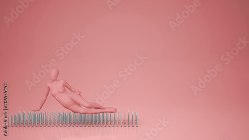 Pink woman mannequin levitating on nail trap on pastel background, minimal pop art color with copy space, women overcome troubles idea photo