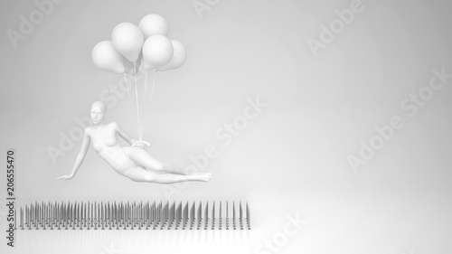 White woman mannequin hanging on balloons levitating on nail trap on blank background, minimal pop art color with copy space, women overcome troubles idea photo