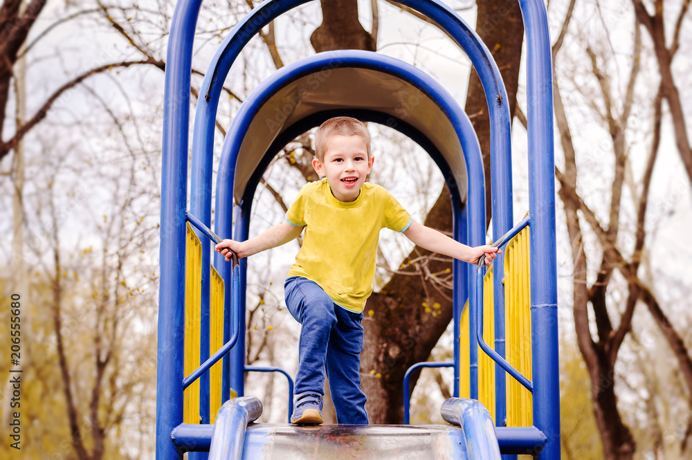 Cute happy boy playing on slide in playground
Cute happy boy playing on slide in playground