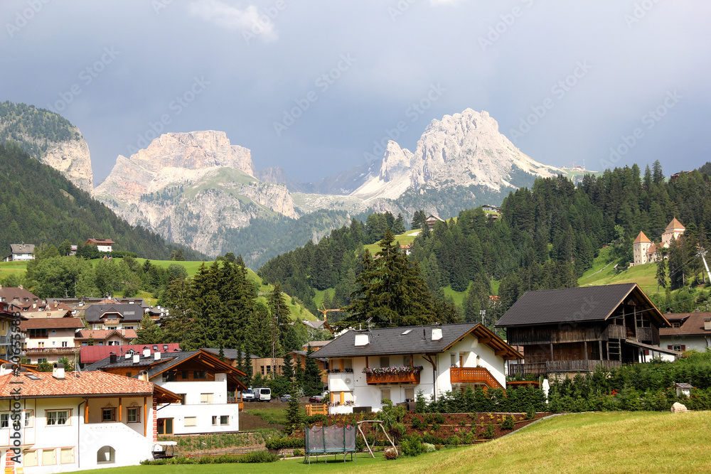 Villages in Dolomites mountain regions with Dolomites peaks, South Tirol, Italy