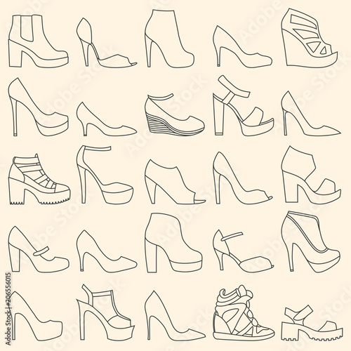 Set of 25 fashionable line art shoes