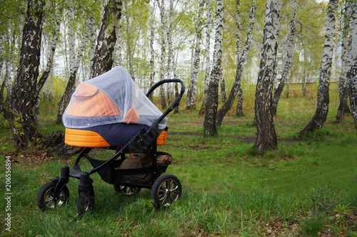 baby carriage orange-black with a mosquito grid the green birch wood