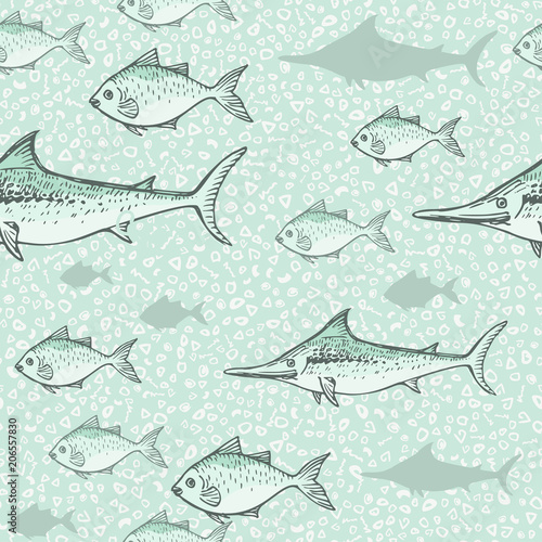 Seamless background of drawn sketches of fish. Hand-drawn illustration