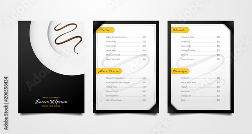 Menu restaurant template layouts in modern minimal design with brown sauce on part of white dish on black color background with yellow elements