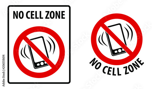 No cell zone sign. Simple black lines drawing of mobile phone symbol in red crossed circle. Rectangle and round version.