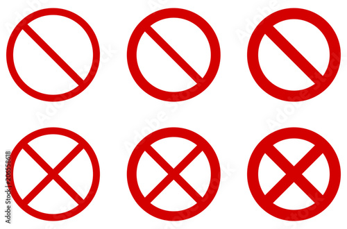 Prohibition sign (no symbol) - red circle with diagonal cross. Versions with different width, single and double crossing. photo