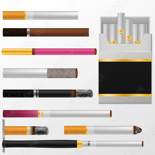 Cigarette vector cigar with nicotine in cigarette-box or cigar-case and smoking tobacco illustration set of cigarette-ends isolated on white background