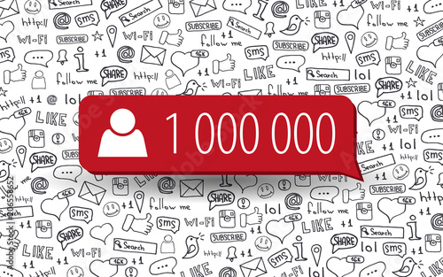 1000000 Followers. Social Media banners with hand draw doodle background. Vector illustration