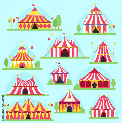 Circus vector tent facade marquee marquee stripes flags carnival entertainment balloons lelements flat illustration. Circus red tents entertainment. Carnival festival park arena celebration