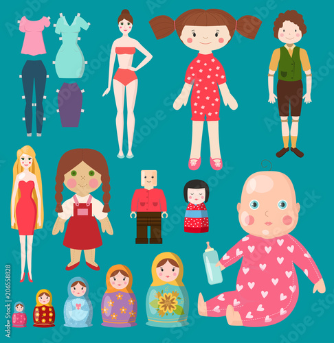 Vector dolls toy character girls and boys human face and body game dress rag-doll illustration. Pretty underwear little baby girl kids matryoshka doll toy, dummy model style
