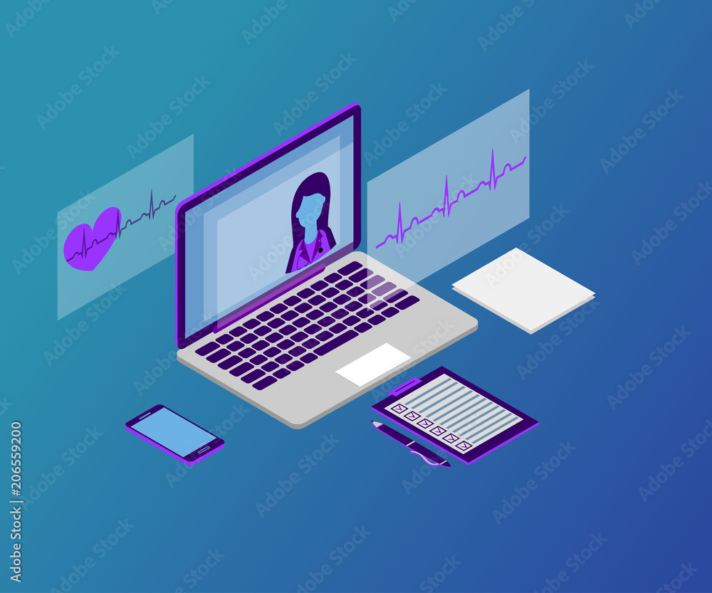 Woman doctor, laptop, 3d isometric 2-1 Woman doctor, laptop, 3d isometric 2-1