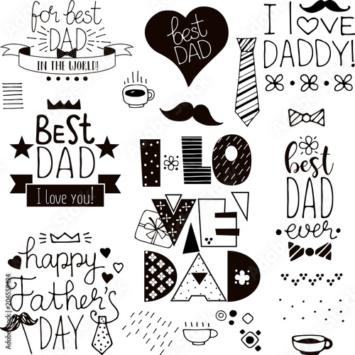 hand drawn happy fathers day black and white doodles