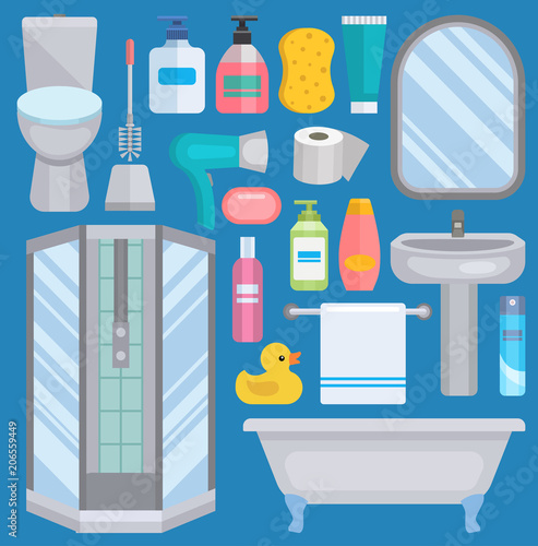 Bath vector equipment icons human body hygiene hower illustration for bathroom interior hygiene design. Isolated bath symbols of mirror, toilet sink shower soap towel faucet and yellow duck