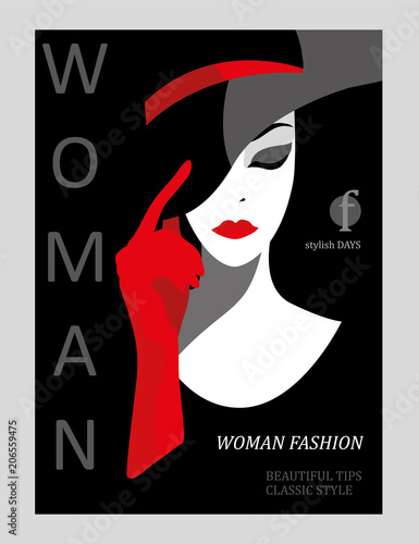 Abstract woman with big hat and red gloves. Fashion magazine cover design photo