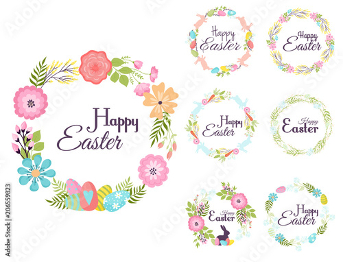 Happy easter hand drawn badge hand lettering greeting decoration natural wrea...