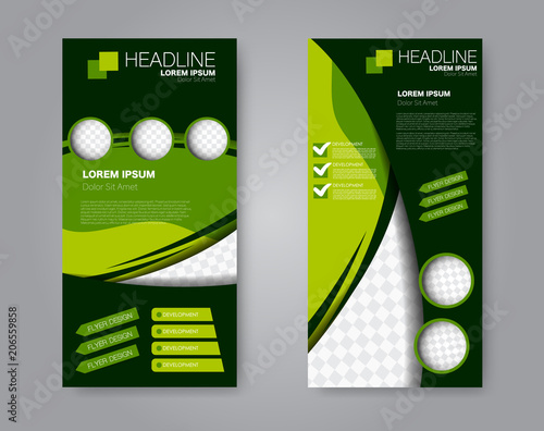 Vector flyer and leaflet design. Set of two side brochure templates. Vertical banners.  Green color.