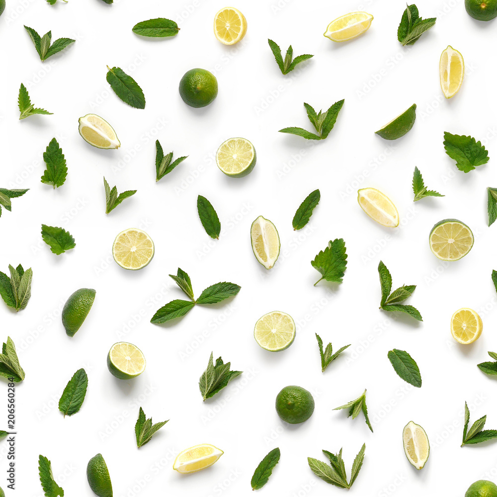 Food texture. Seamless pattern of fresh fruits isolated on white background, top view, flat lay. slices lemons, lime and mint.