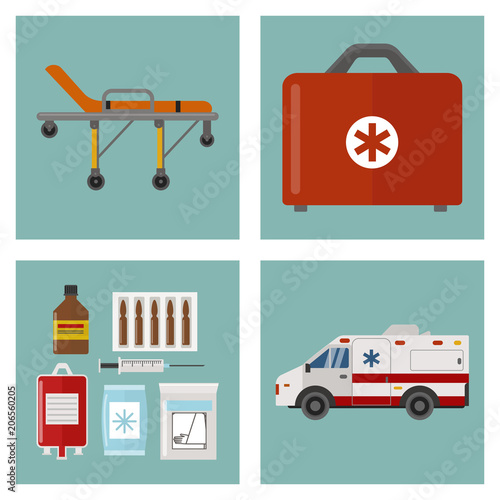 Ambulance icons medicine health emergency hospital urgent pharmacy medical support paramedic treatment vector illustration