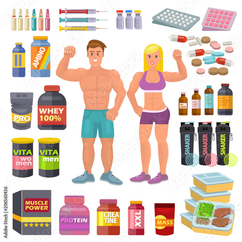 Bodybuilding sport food vector bodybuilders supplement proteine power and fitness diet nutrition for bodybuild workout illustration set of energy shakers for muscle growth isolated on white background