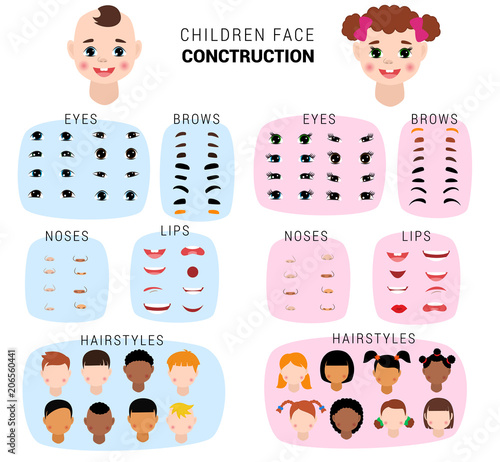 Child face constructor vector kids character of girl or boy avatar creation head lips nose and eyes illustration set of facial elements construction with children hairstyle isolated on background