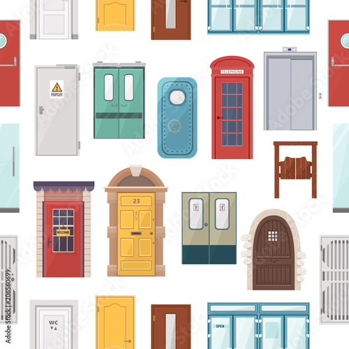 Doors vector set house doorway front entrance to house and building in flat style doorstep decoration elements illustration seamless pattern background photo