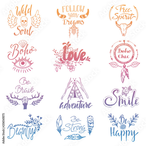 Boho lettering vector ethnic bohemian feather arrow sign and tribal decoratio...