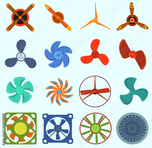 Fans and propellers vector technology icons isolated object. Propeller fan icons cool ventilation ship symbol retro cooler boat equipment. Ventilator symbol wind equipment propeller fan icons