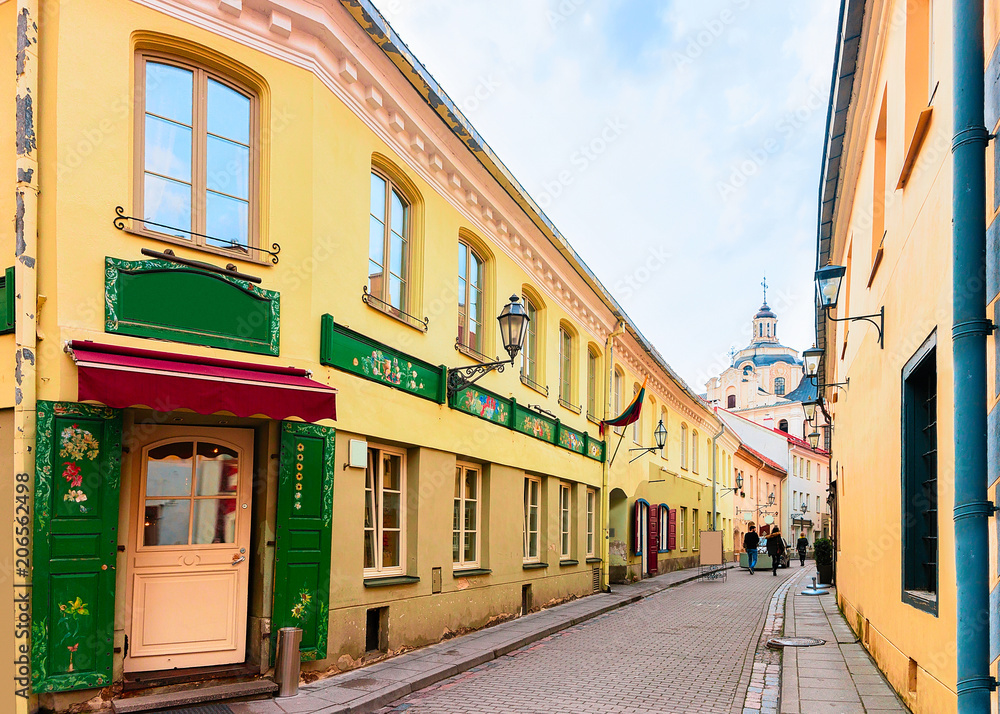 Ancient street in Old city center in Vilnius Lithuania