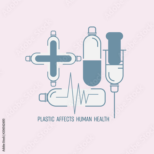 Medical symbols consist of  plastic bottle outline icon, as a gimmick to affect human health. Plastic affects human health concept. Vector illustration.
