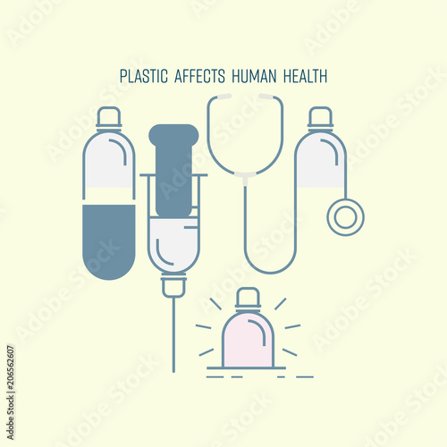 Medical symbols consist of  plastic bottle outline icon, as a gimmick to affect human health. Plastic affects human health concept. Vector illustration.