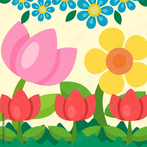 Garden flowers vector background trees grass game park illustration nature fo...