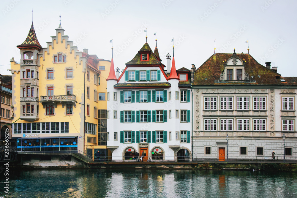 Reuss riverbank at old town of Lucerne Switzerland