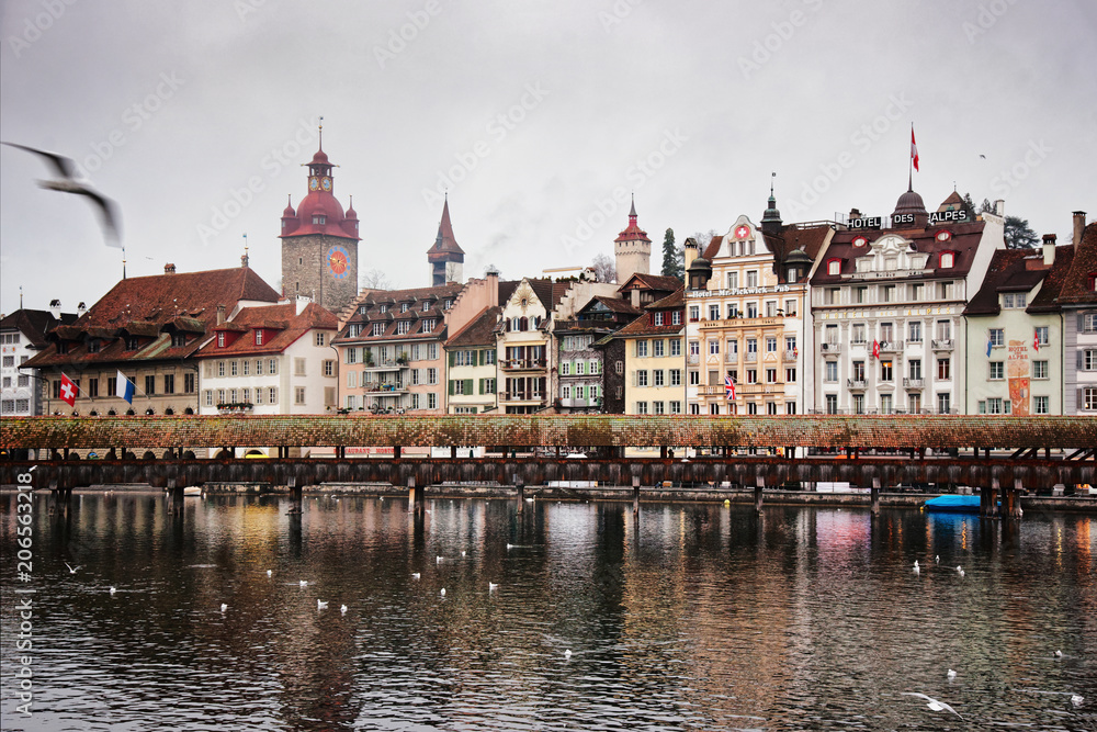 Fototapeta premium Reuss riverbank in old town of Lucerne Switzerland
