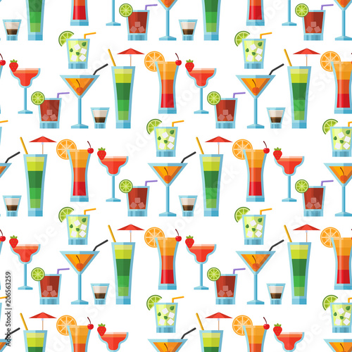Alcoholic cocktails seamless pattern background fruit cold drinks tropical cosmopolitan freshness party alcohol sweet tequila vector illustration.