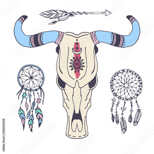 Creative boho vector style frames mady ethnic feathers arrows and floral elements illustration.