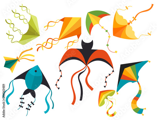 Flying kite snake serpent dragon kids toy colorful outdoor summer activity vector illustration