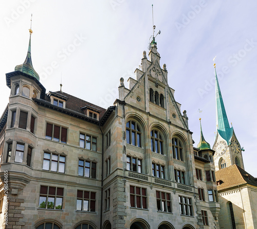 City Hall Stadthaus and the Fraumunster Church Zurich