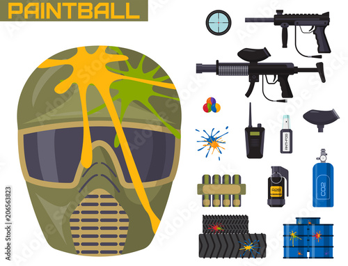 Paintball club icons protection uniform and sport game design elements equipment target vector illustration
