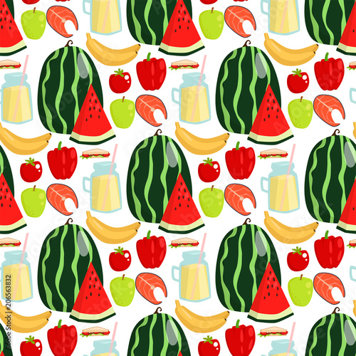 Cartoon fresh watermelon fruits picnic food summer nature flat style seamless...