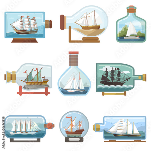 Vector ship in bottle boat in miniature sailboat souvenir in glass jar with cork shipping ouvenir in flask isolated on white background