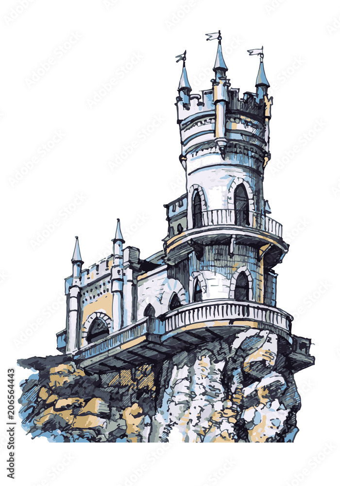 Medieval castle. Graphic drawing with watercolor Stock Vector ...